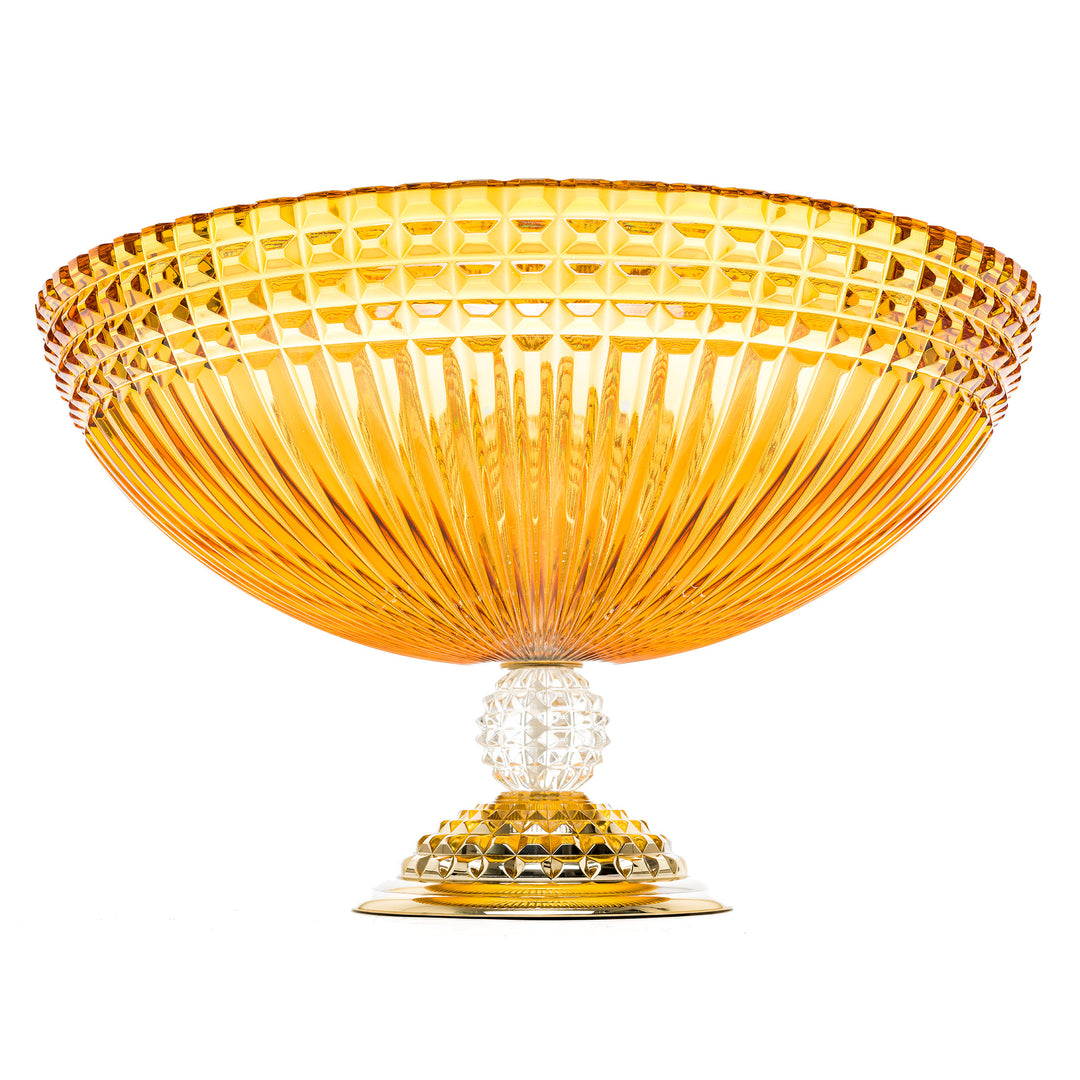 Hand-crafted Italian amber crystal bowl with a textured geometric design, perfect for luxurious home décor.