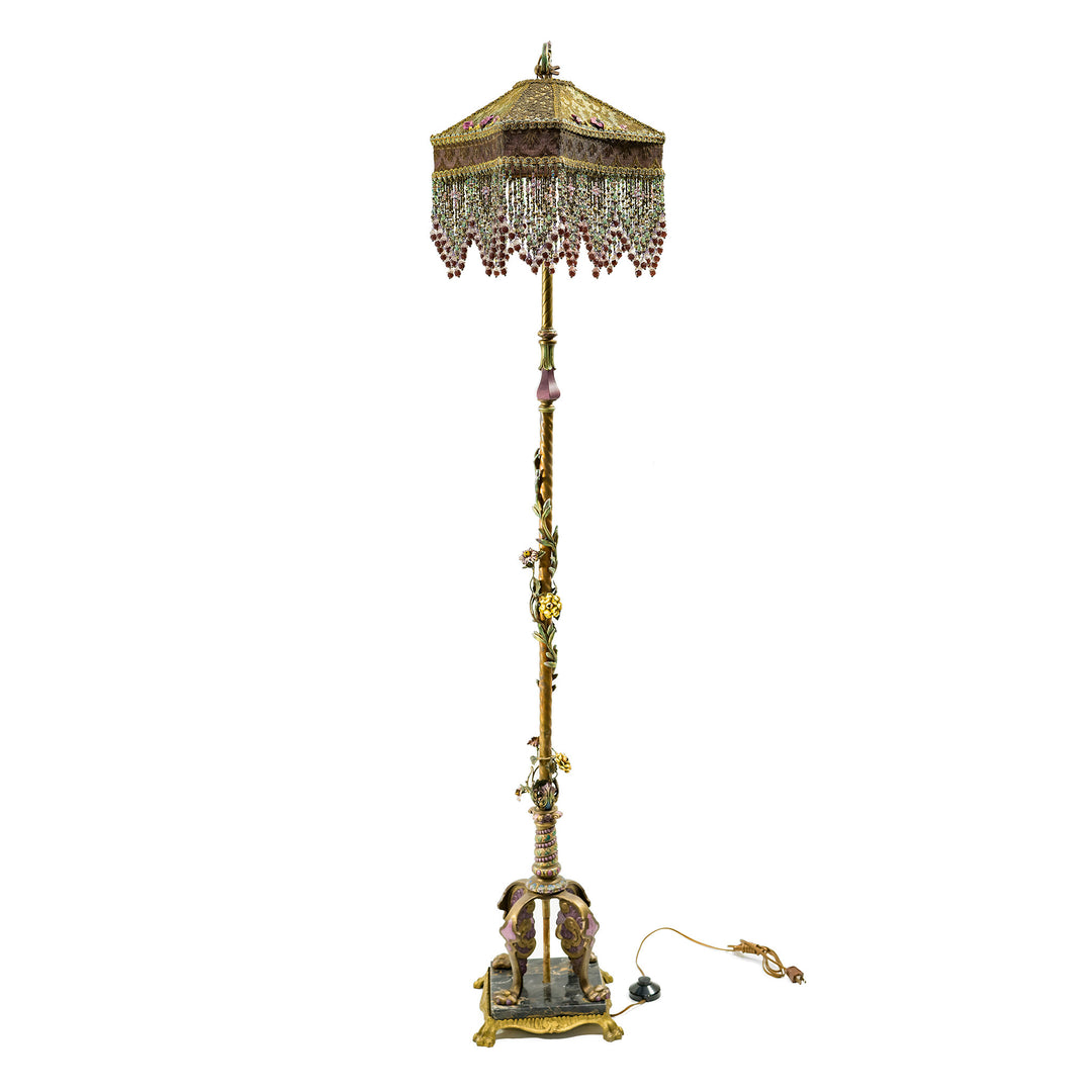 Hand-embroidered antique floor lamp with beaded fringe and bronze base