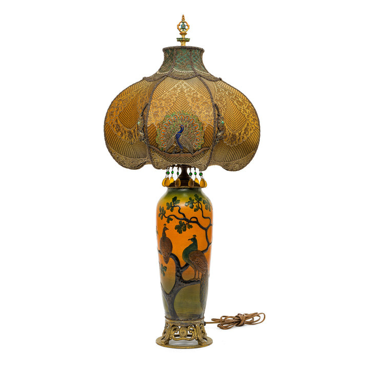 Hand-embroidered antique lamp with peacock motif and beaded fringe