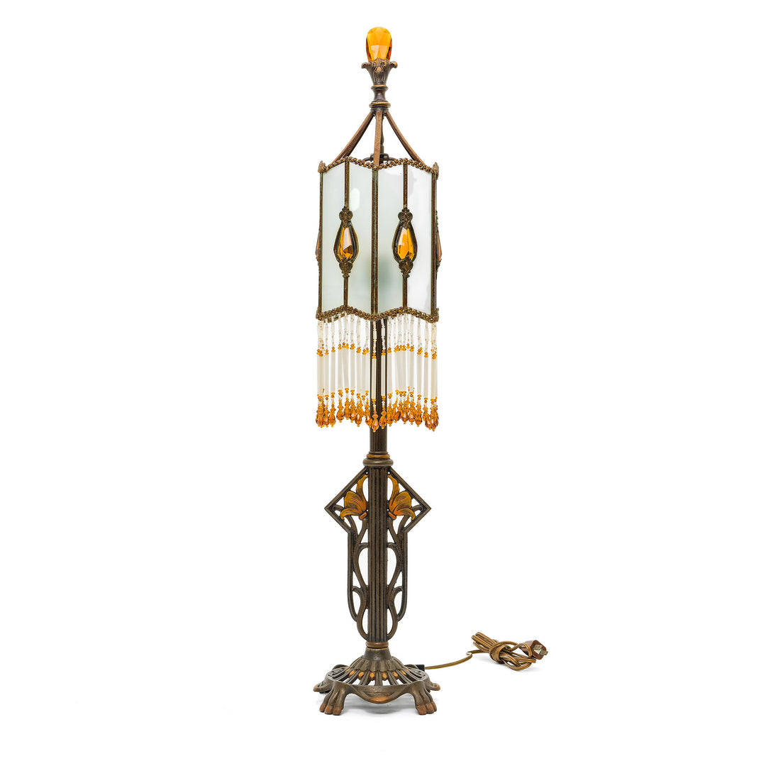 Hand-embroidered Art Nouveau lamp with antique materials