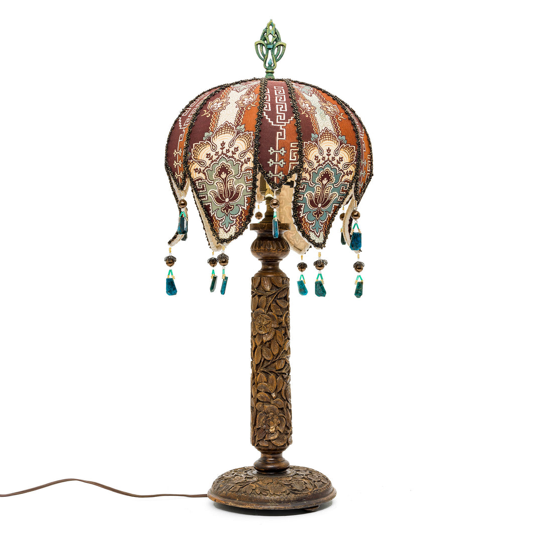 Hand-embroidered bronze antique lamp with beaded fringe and floral details