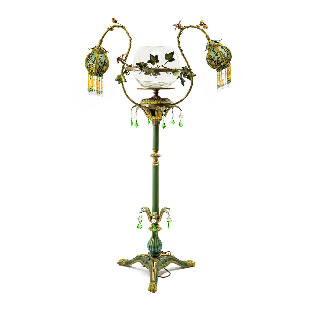 Hand-embroidered bronze lamp with floral shades