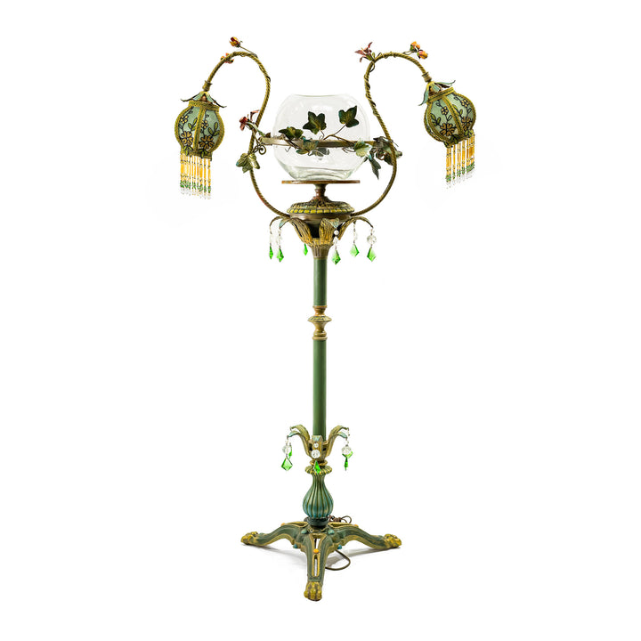 Hand-embroidered bronze lamp with floral shades