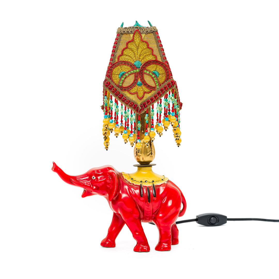 Hand-embroidered elephant lamp with antique materials