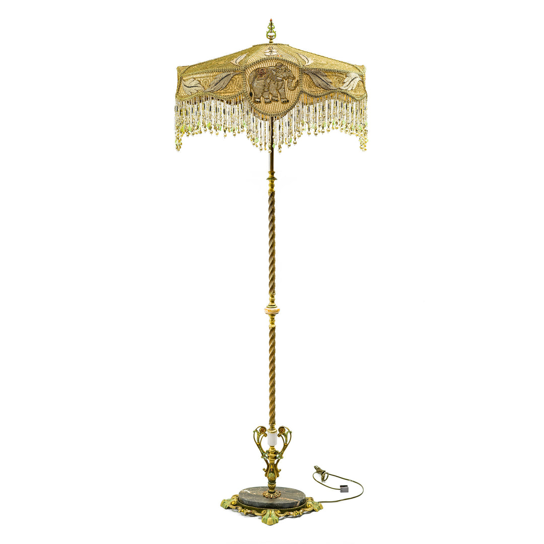 Hand-embroidered floor lamp with antique materials