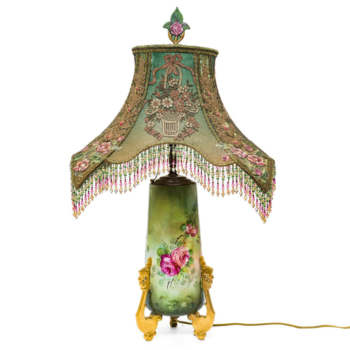 Hand-embroidered floral antique lamp with beaded fringe and porcelain base