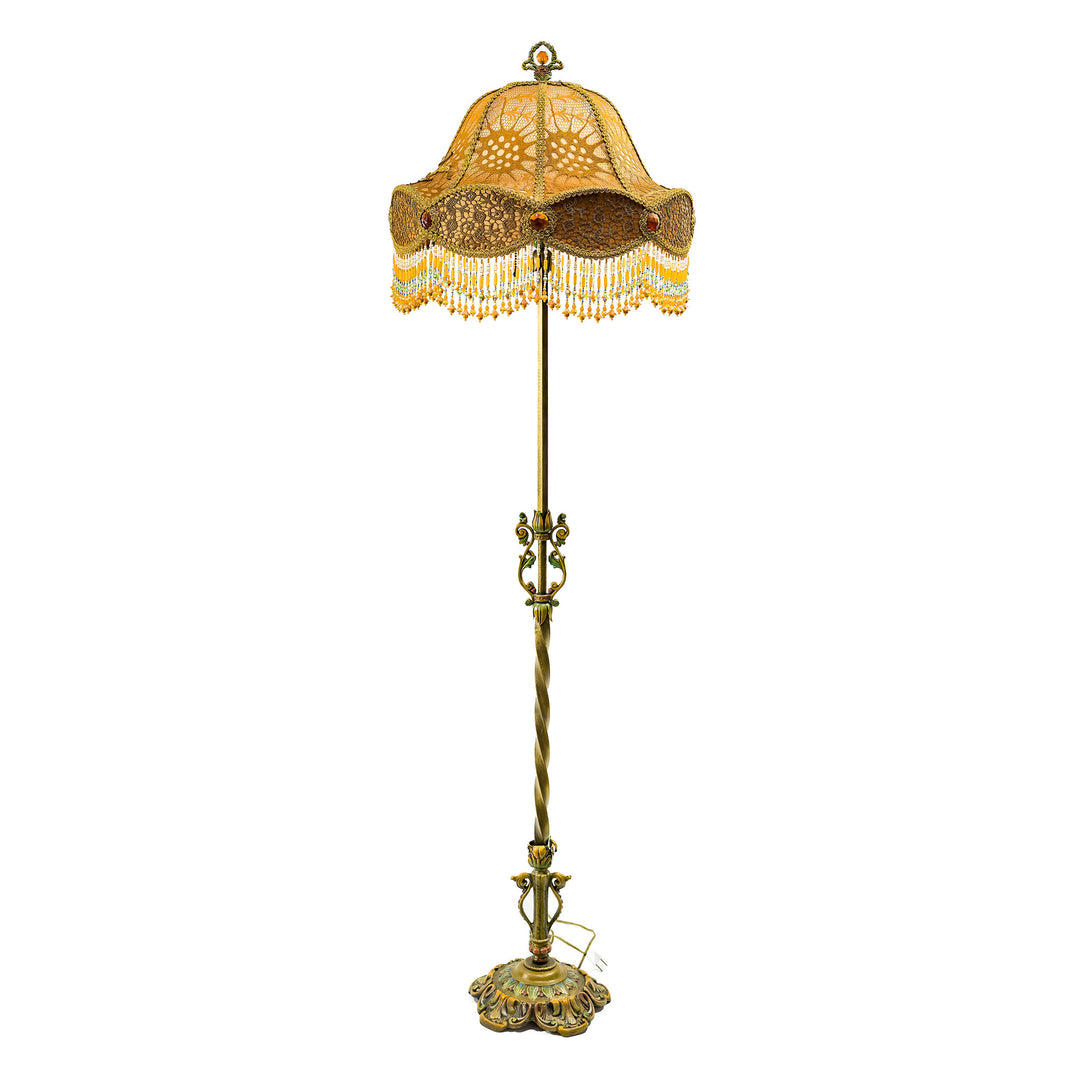 Hand-embroidered floral floor lamp with antique materials