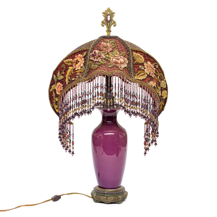 Hand-embroidered lavender lamp with antique materials