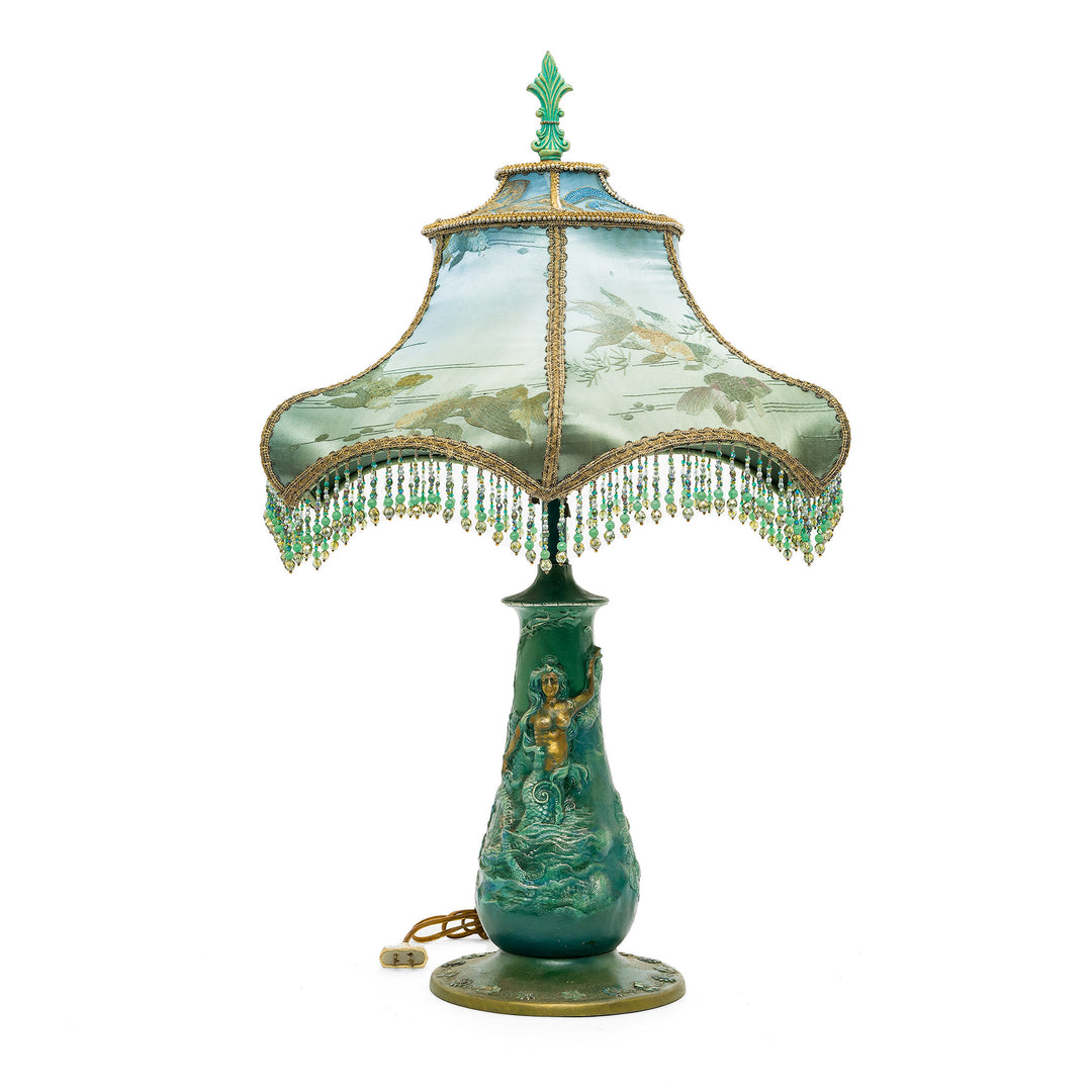 Hand-embroidered mermaid lamp with antique materials