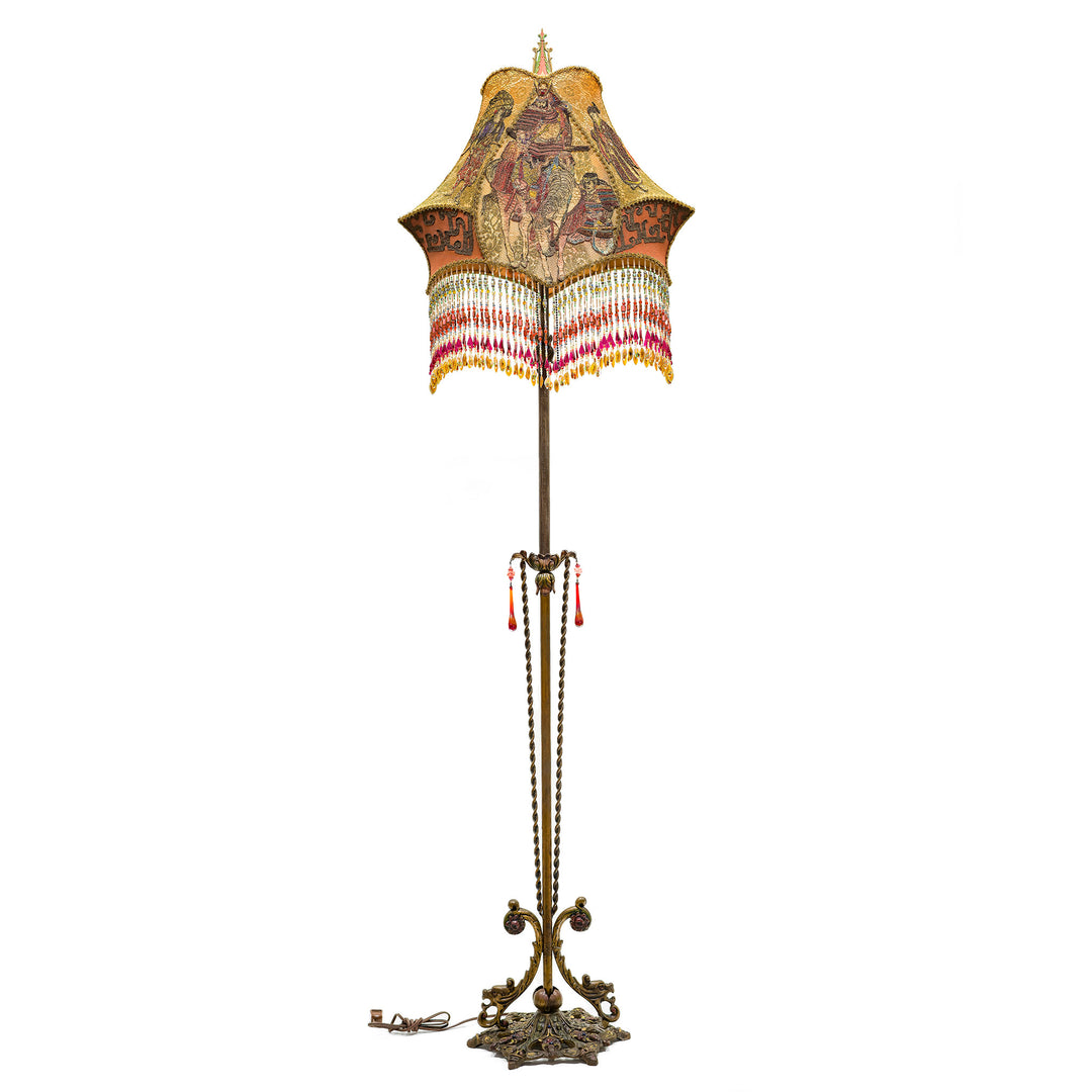 Hand-embroidered Oriental floor lamp with antique materials