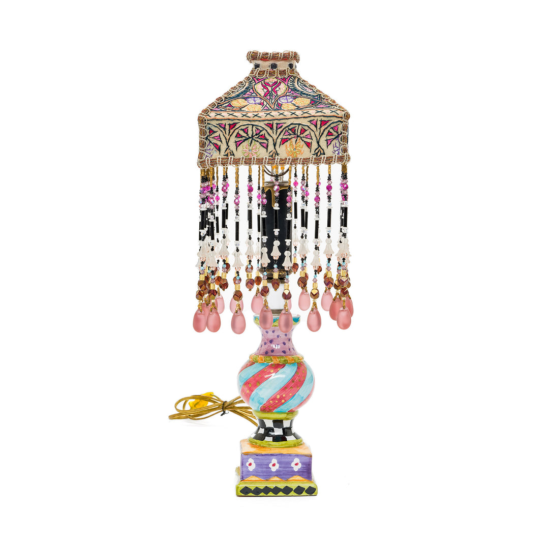 Hand-embroidered and hand-painted antique lamp with beaded fringe