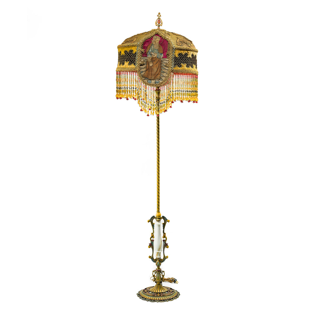 Hand-embroidered religious floor lamp with antique materials