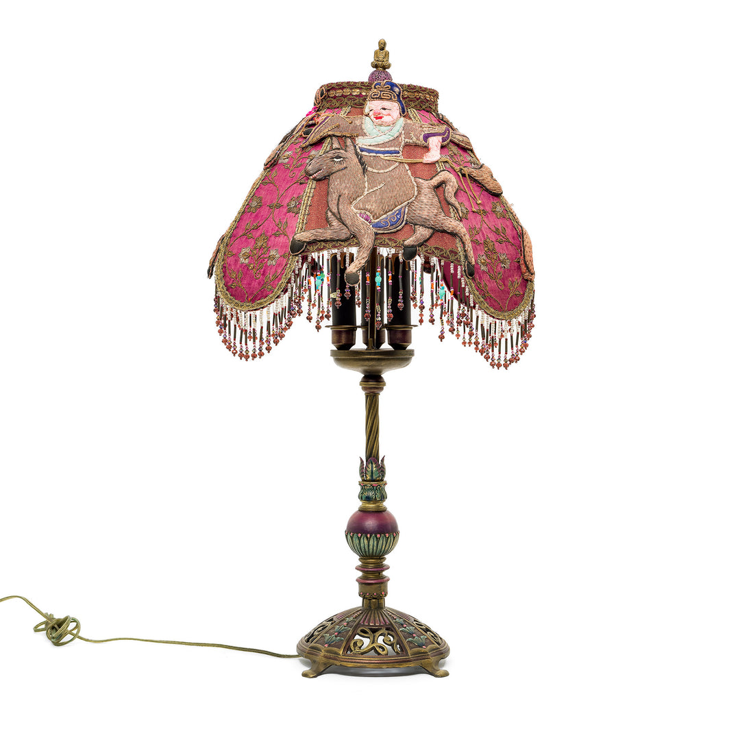 Hand-embroidered warrior lamp with antique materials