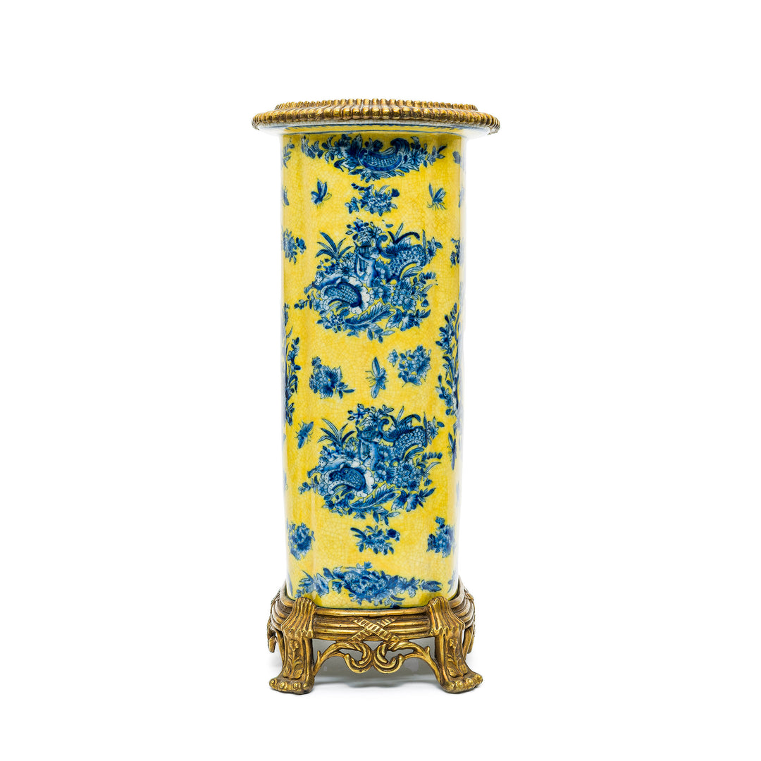 Front view showing hand painted floral cartouche and insects on yellow glaze