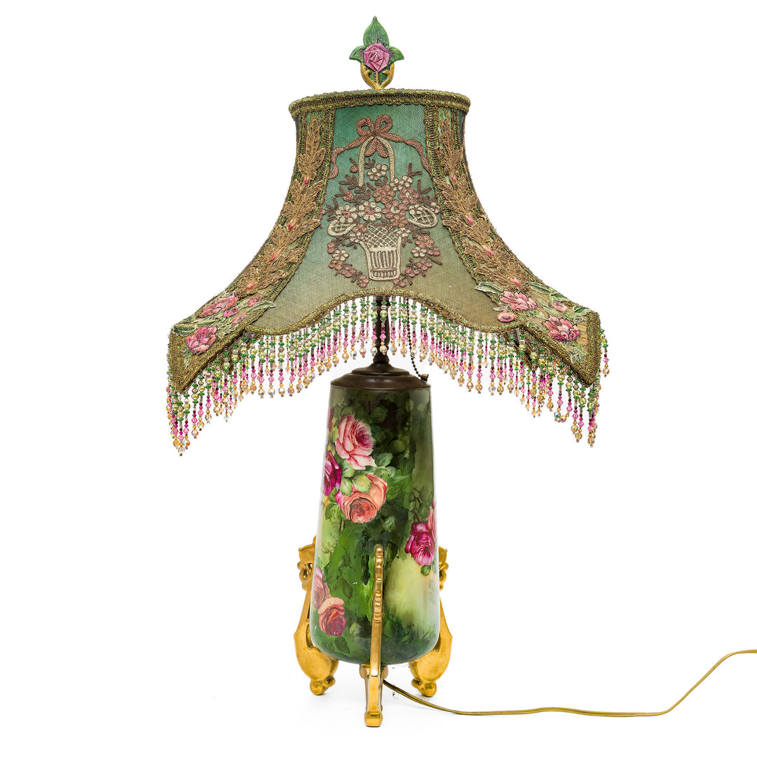 Hand-painted porcelain lamp with lush pink rose motif