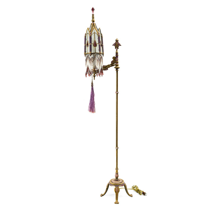 Handcrafted antique floor lamp with bronze and glass details