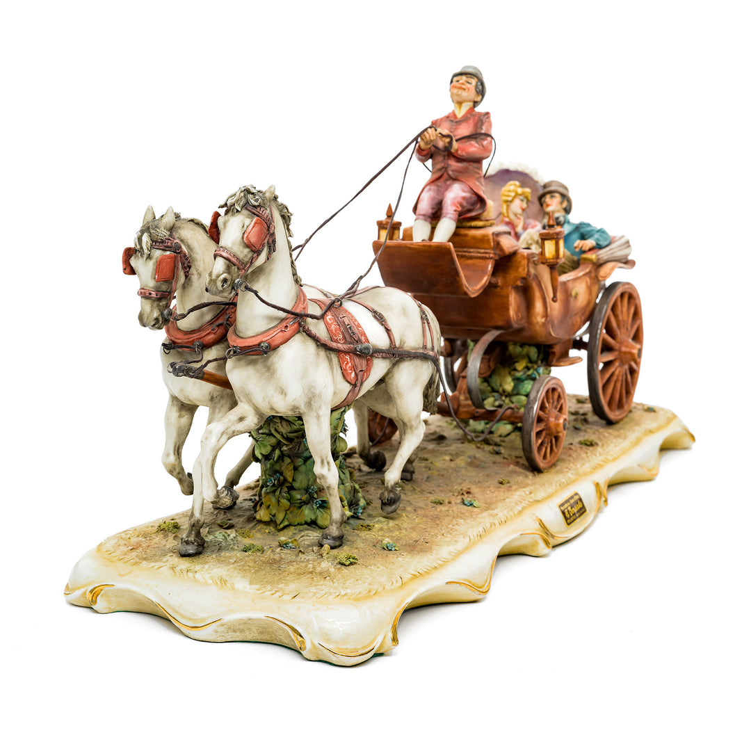 Handcrafted Italian porcelain horse-drawn carriage by Capodimonte.