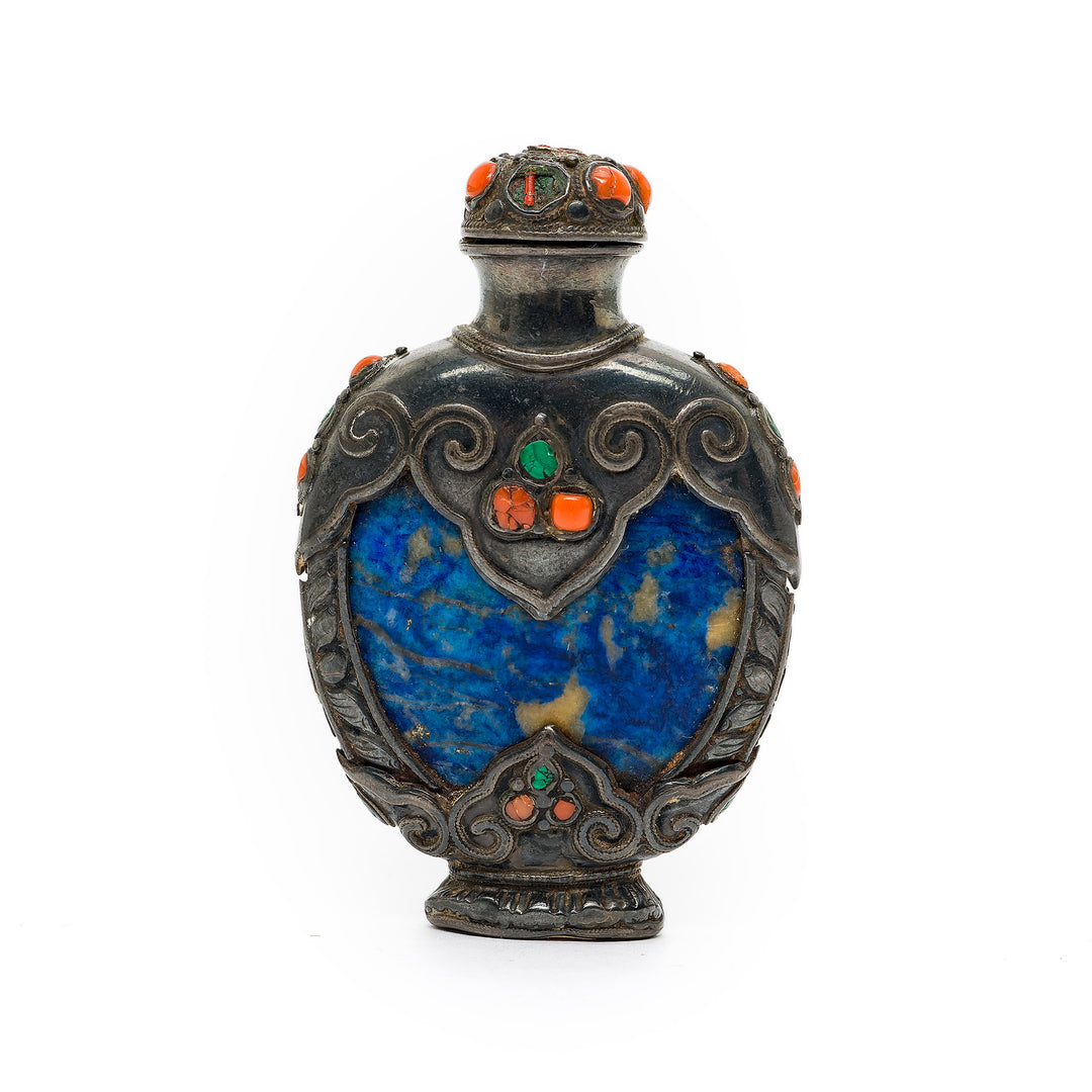 Handcrafted lapis lazuli and silvered bronze snuff bottle