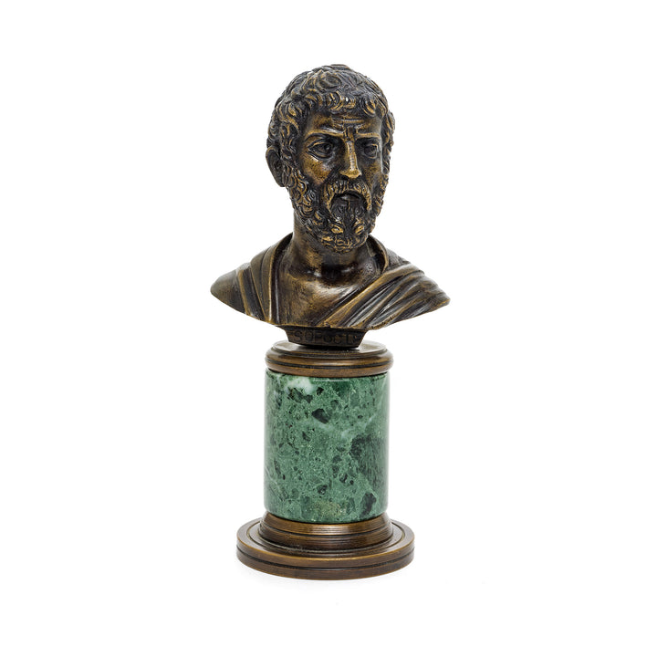 Italian bronze bust on green marble base, depicting a classical philosopher or statesman.