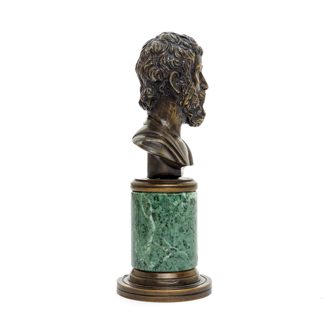 Italian bronze bust of a philosopher, set on a polished green marble pedestal.