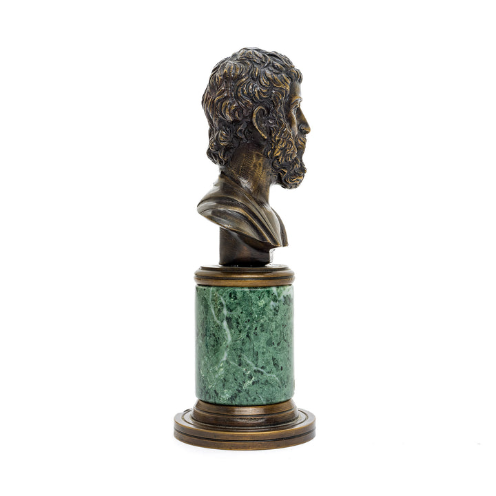 Italian bronze bust of a philosopher, set on a polished green marble pedestal.