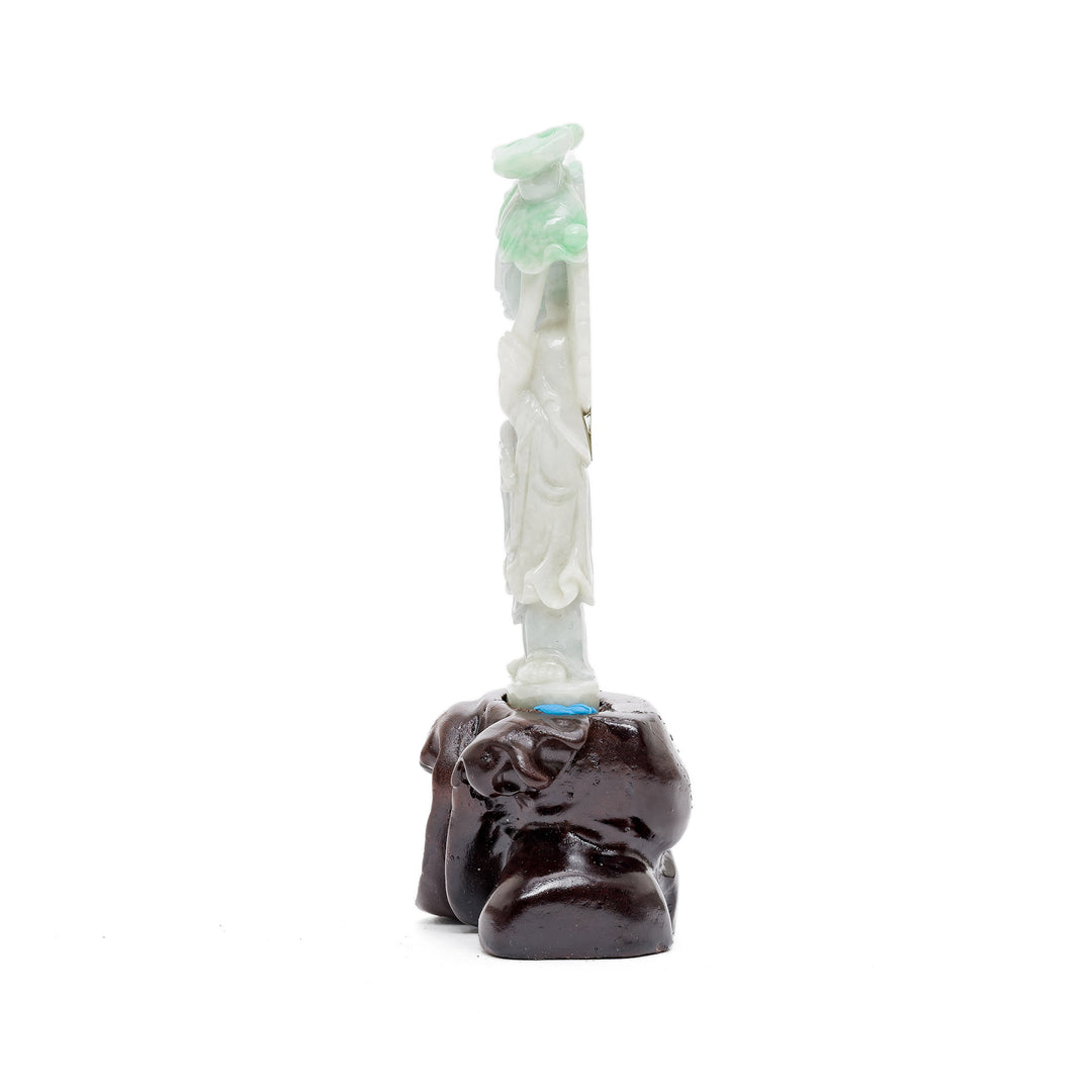Jade Bodhisattva upright statue with wood base