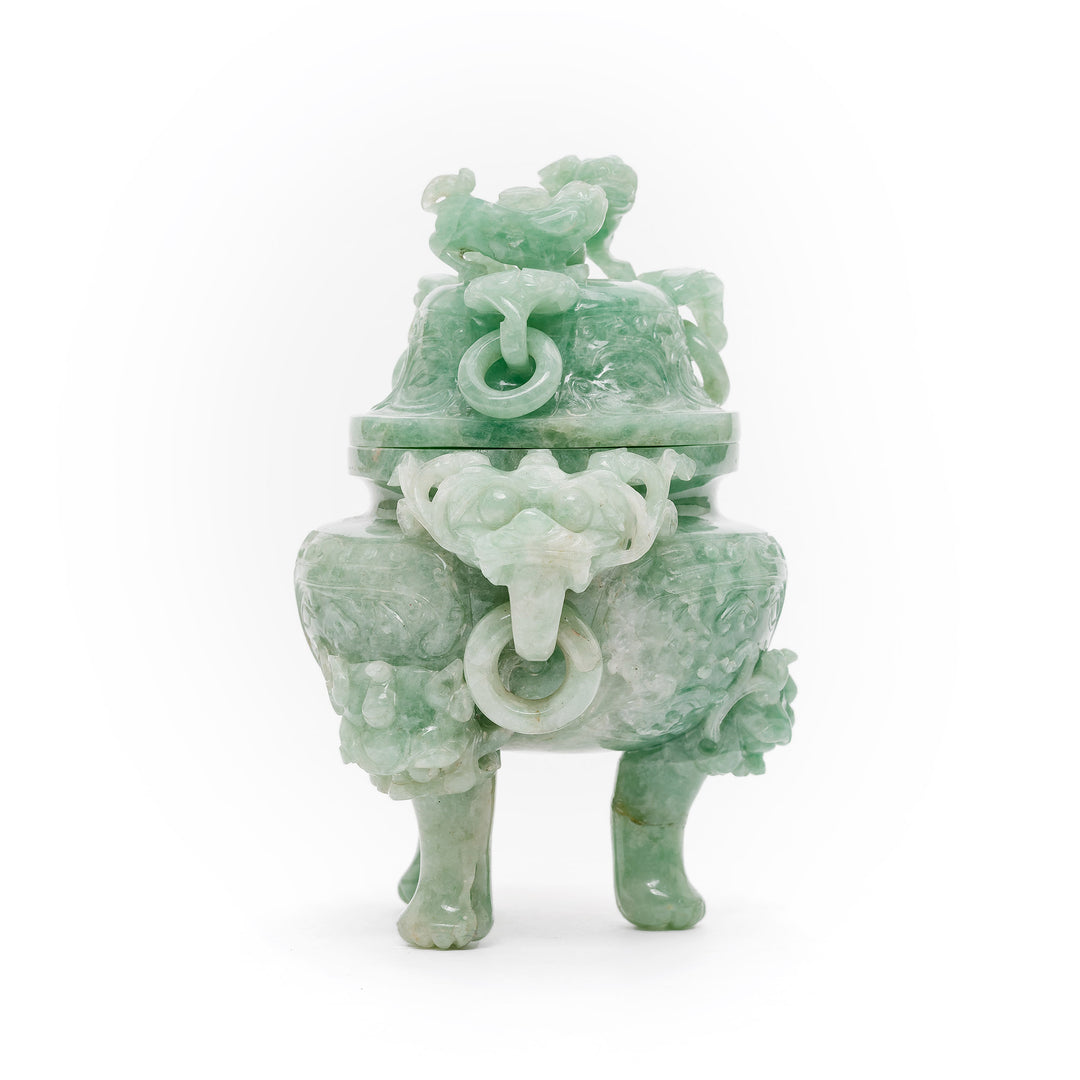 Rear view of jade burner with delicate carvings and handles