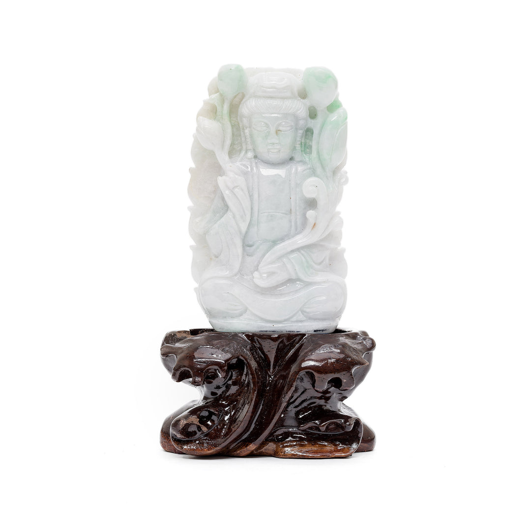 Jade Guan Yin sculpture with peach blossom scepters