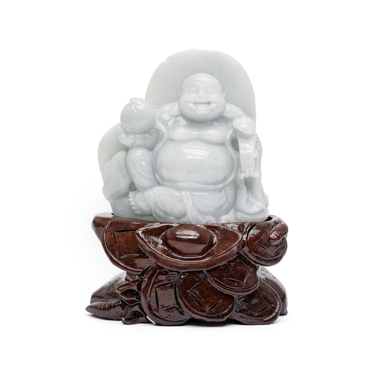 Jade Laughing Buddha sculpture with scepter and peach
