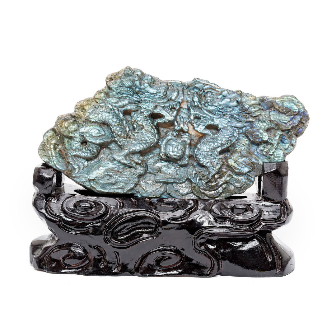 Labradorite double dragon sculpture on black base