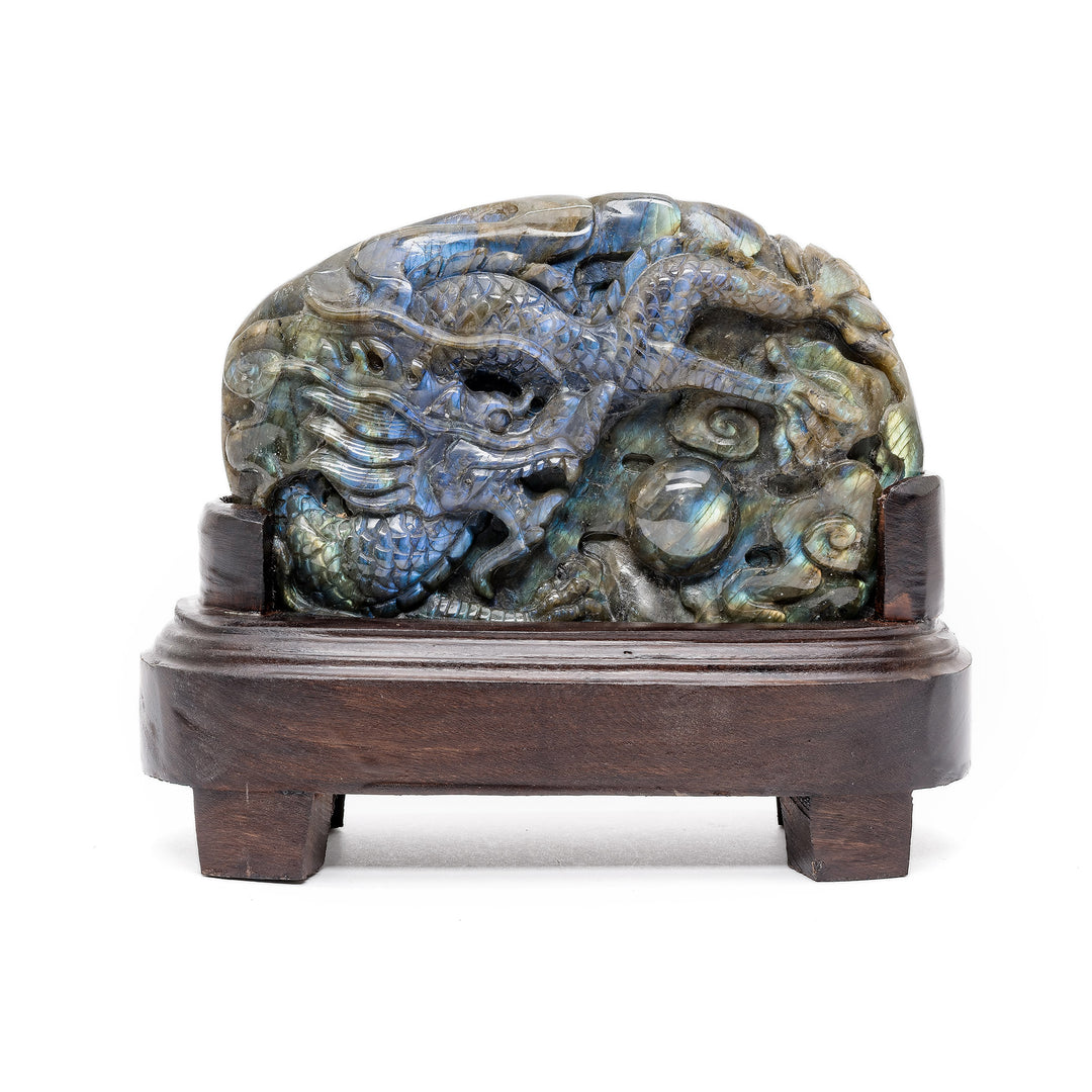 Labradorite dragon carving with pearl of wisdom