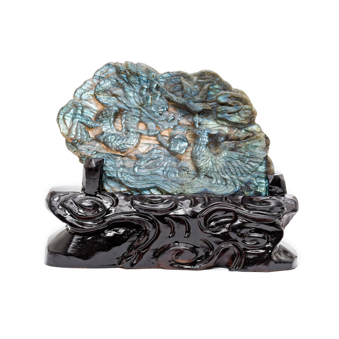 Labradorite sculpture of dragon and phoenix battle