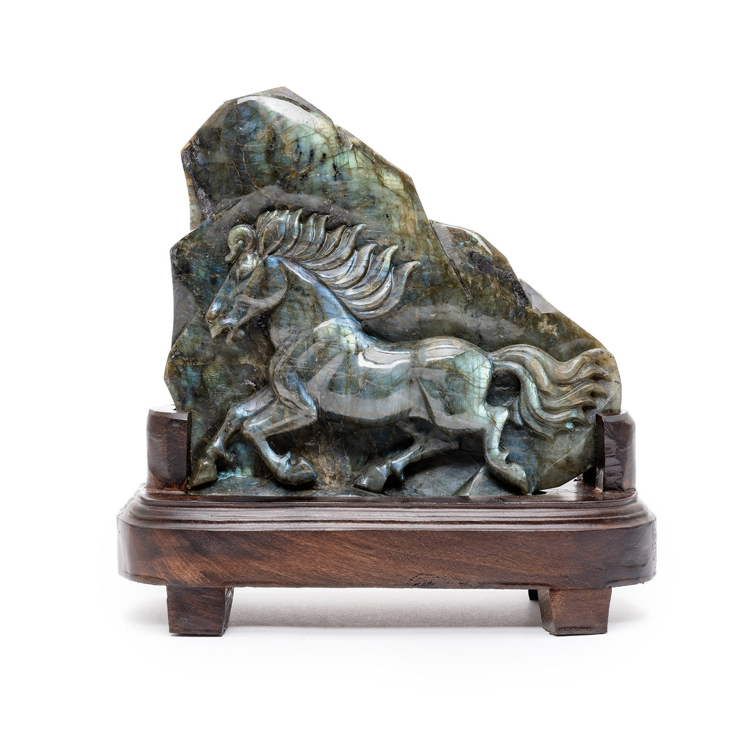 Labradorite carving of galloping stallion