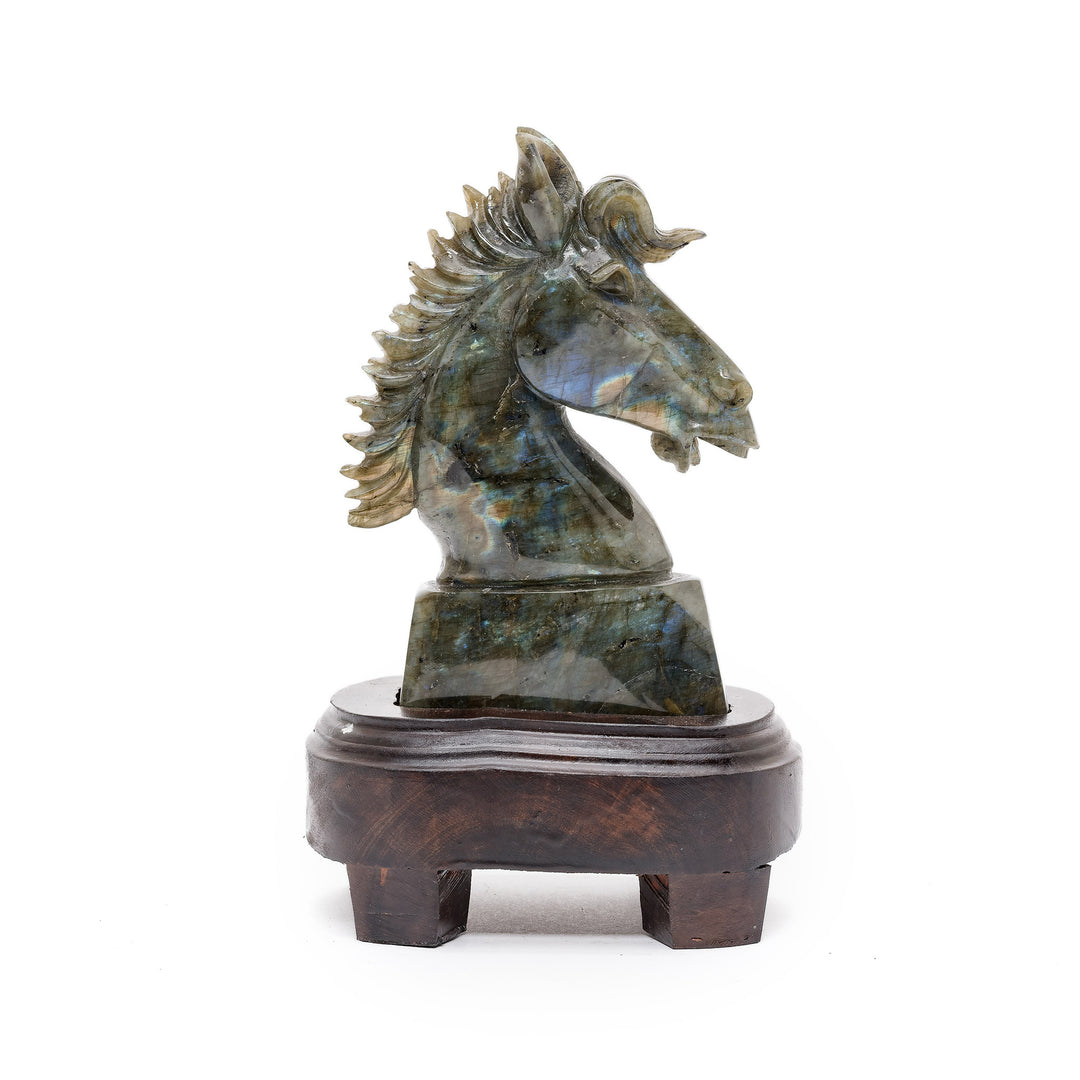 Labradorite horse head sculpture on wooden base