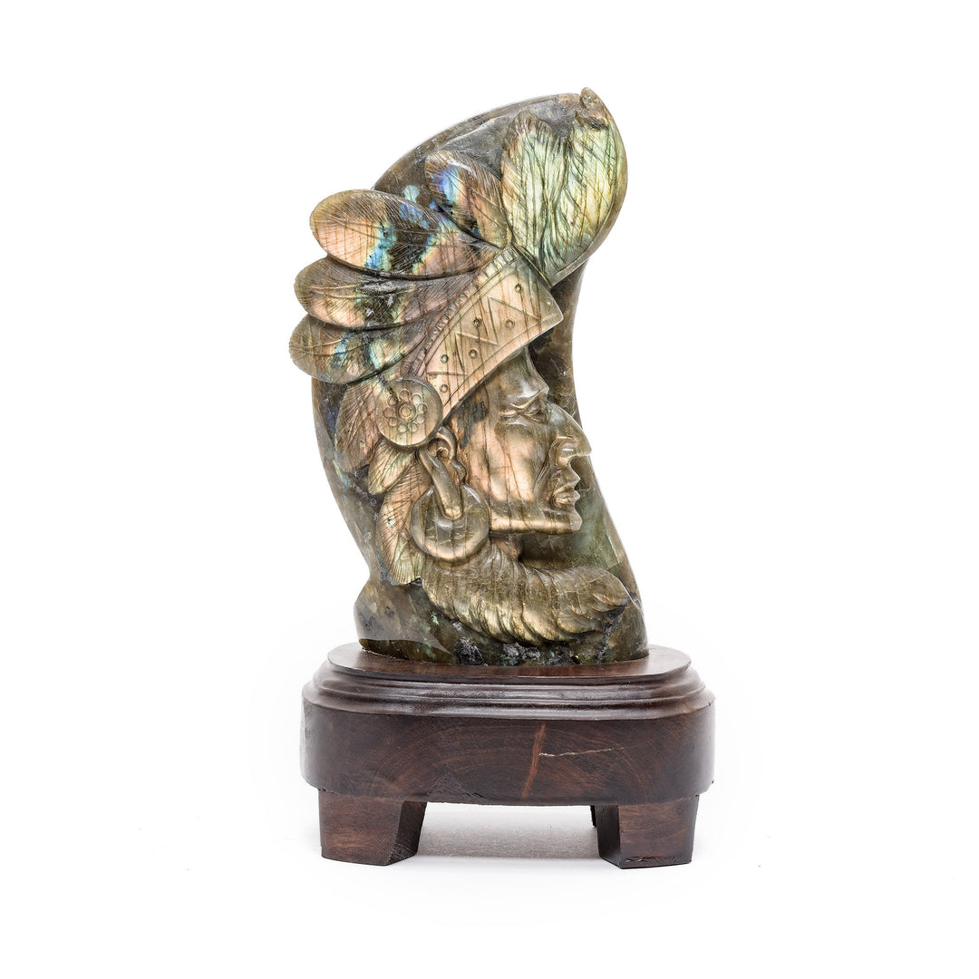 Labradorite bust of Indian chief on wooden base