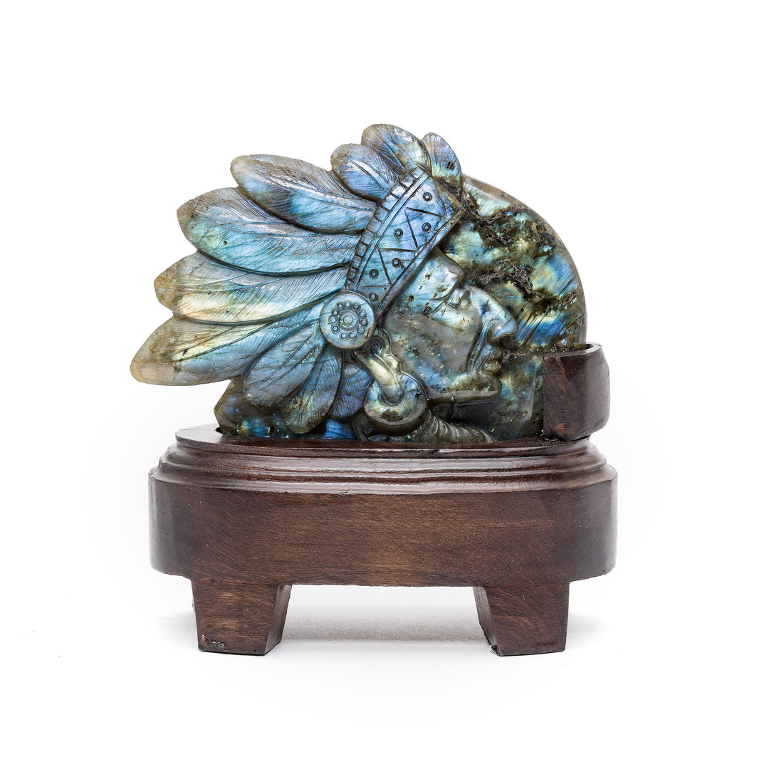 Labradorite Indian warrior bust with feathered headdress