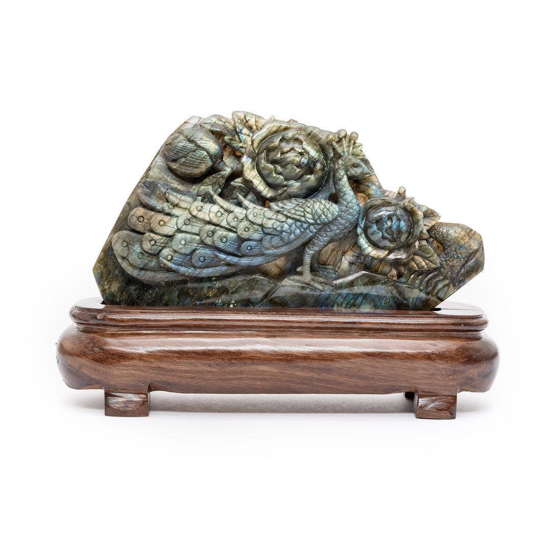 Labradorite peacock carving with floral detail