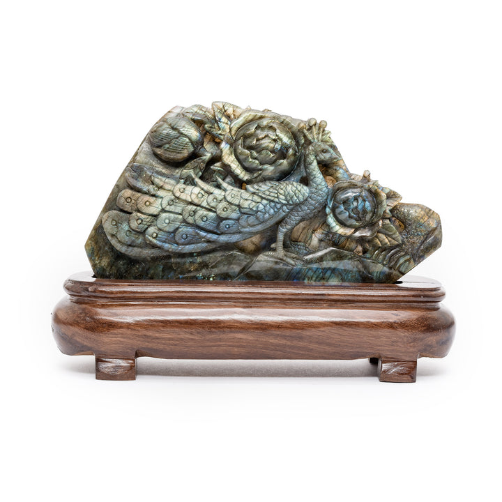 Labradorite peacock carving with floral detail