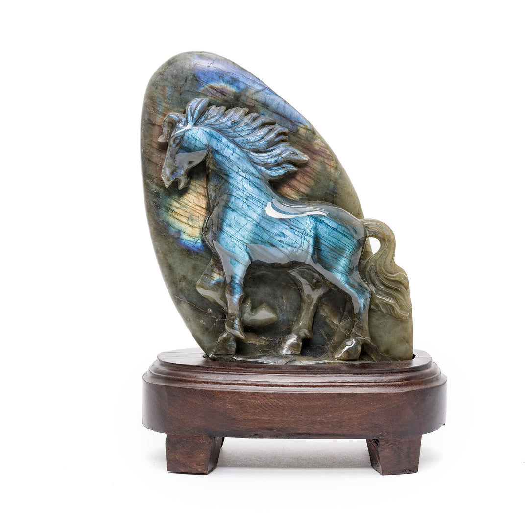 Labradorite stallion sculpture with boulder backdrop