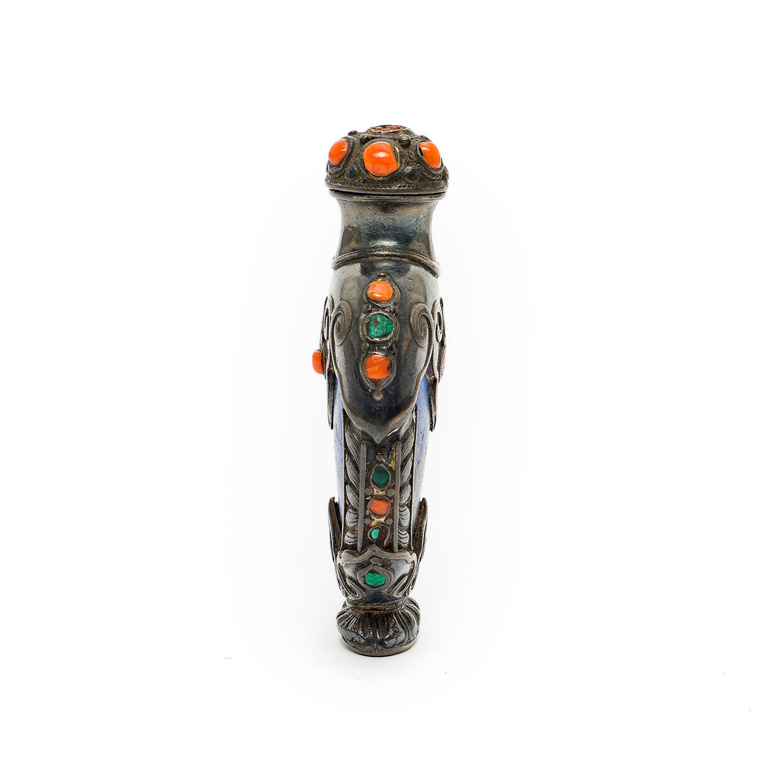 Lapis snuff bottle with coral and emerald accents