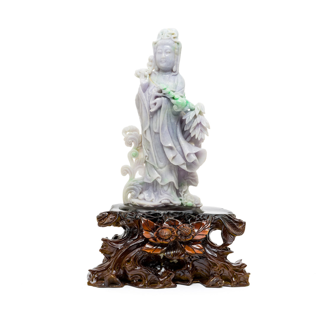 Lavender jade Guanyin statue on carved base