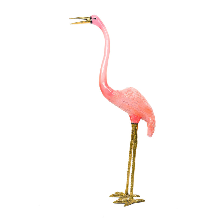 Lifelike bronze pink flamingo sculpture with golden legs.