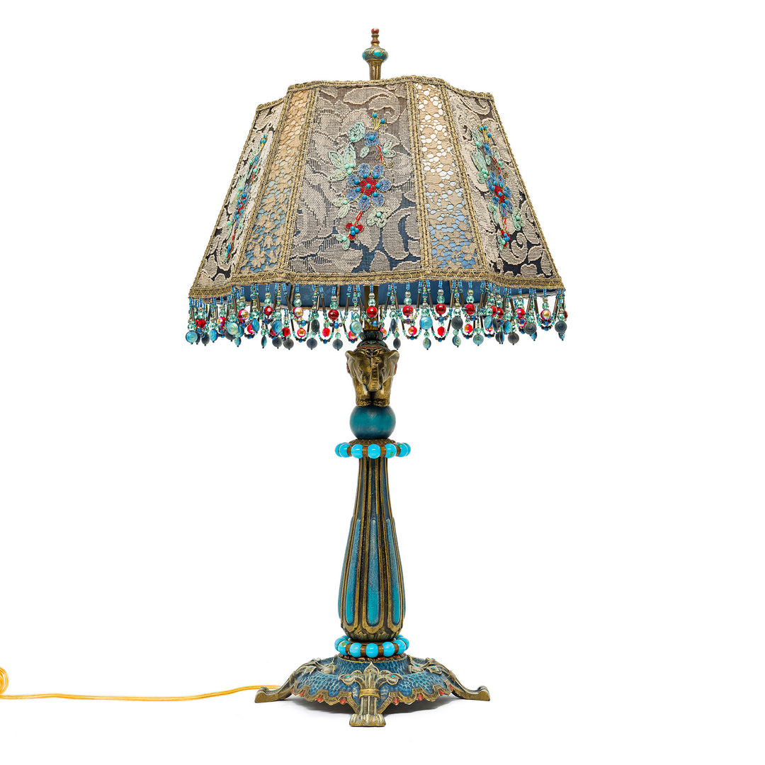 Luxurious hand-stitched bronze lamp with beaded details