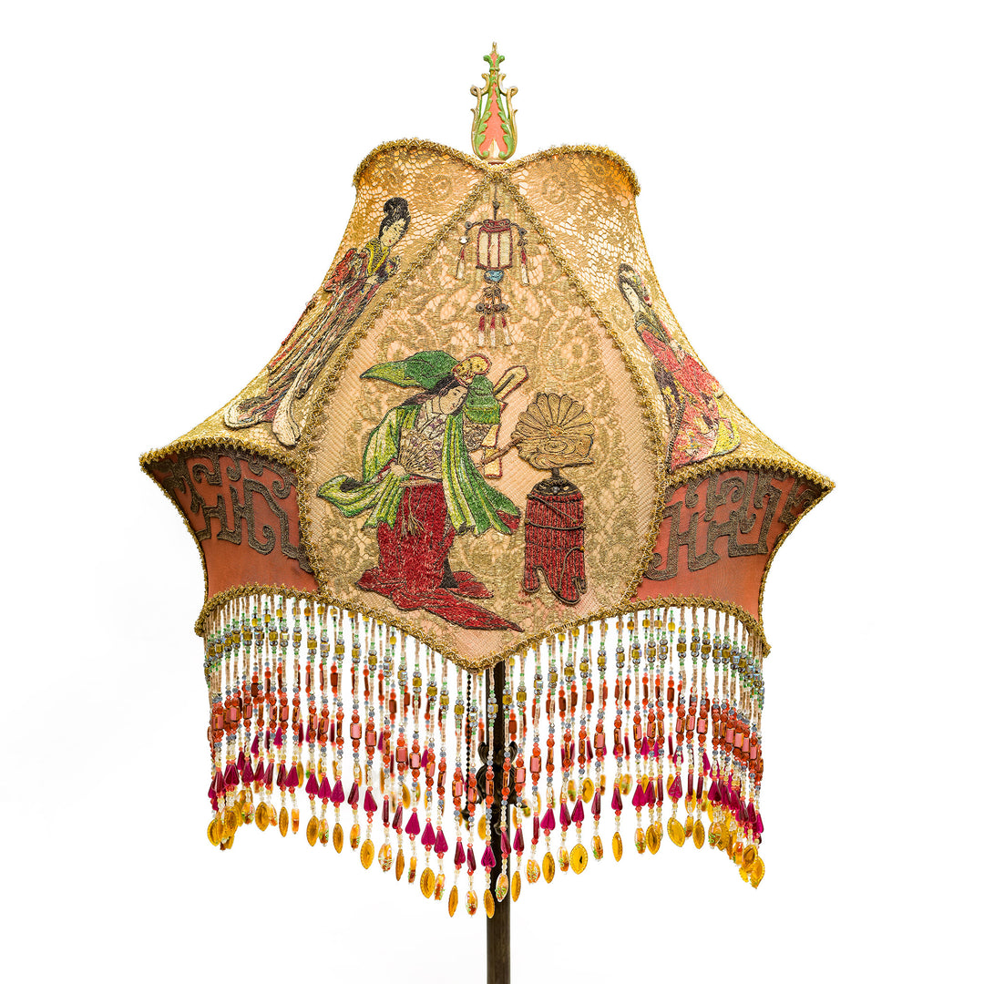 Majestic Oriental-themed floor lamp with vibrant beadwork