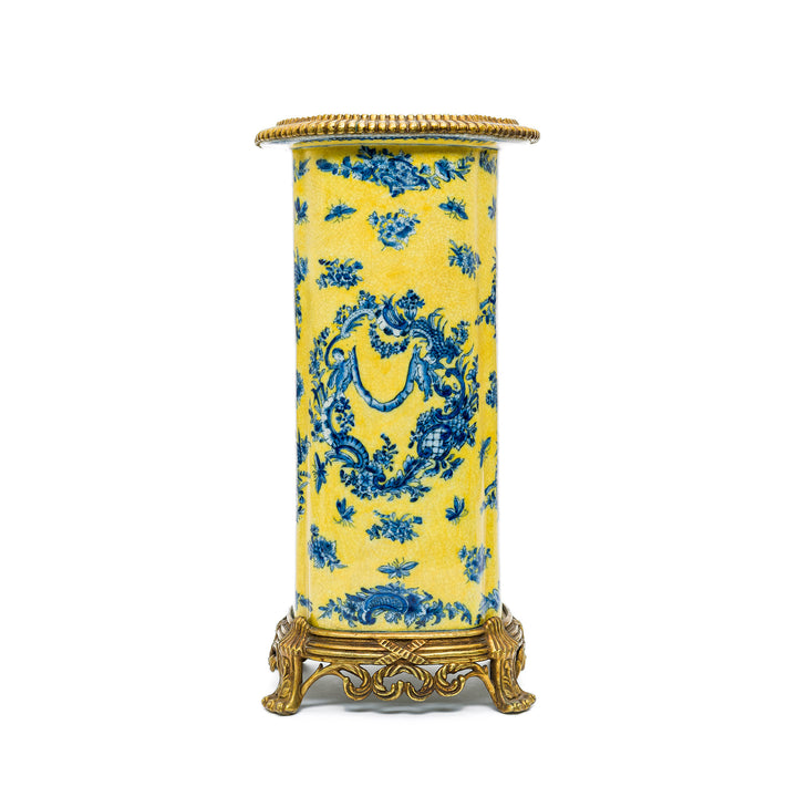 Mercurial yellow porcelain vase with cobalt blue florals and gilt mounts