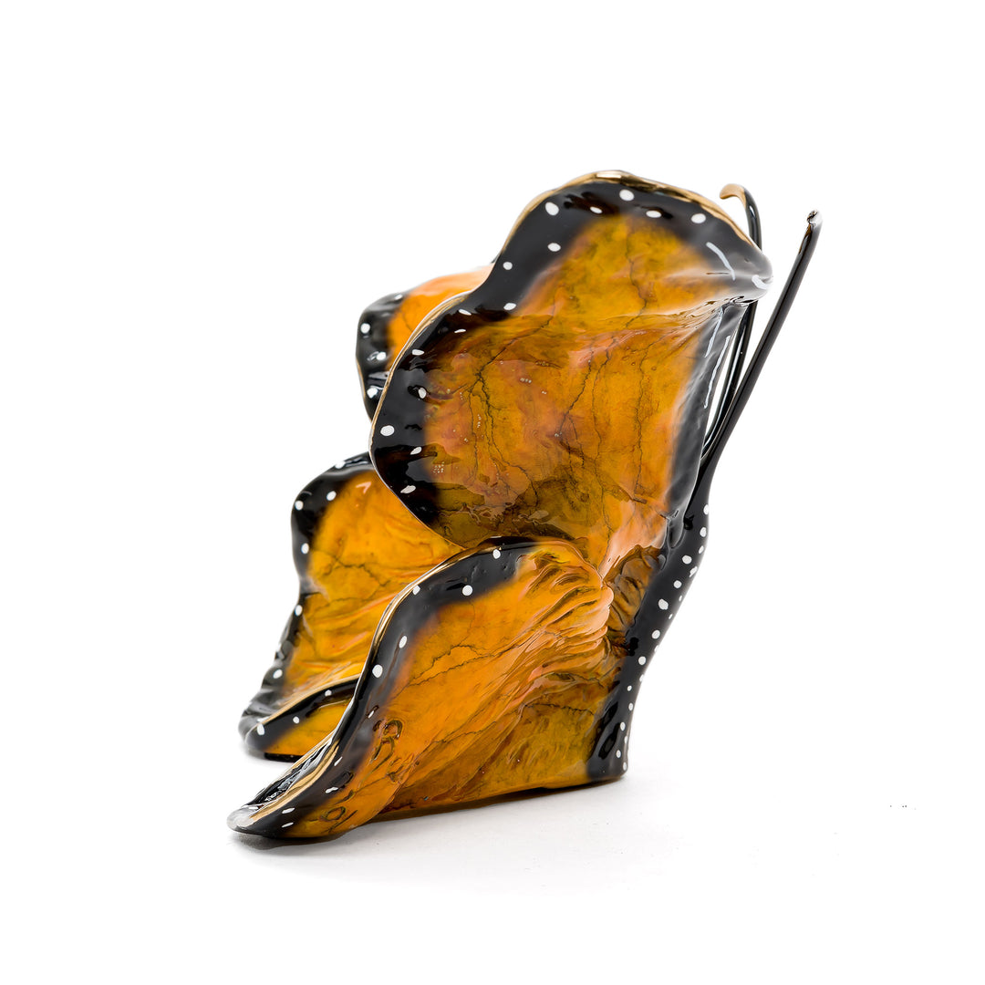 Side view of glossy monarch bronze butterfly with white dots