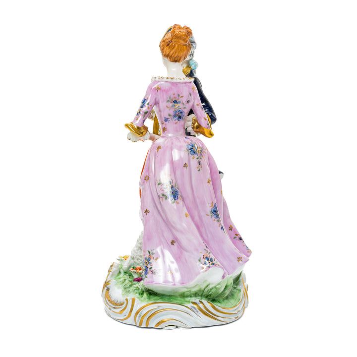 Romantic courtship porcelain figurine with a lamb, crafted in fine German porcelain.