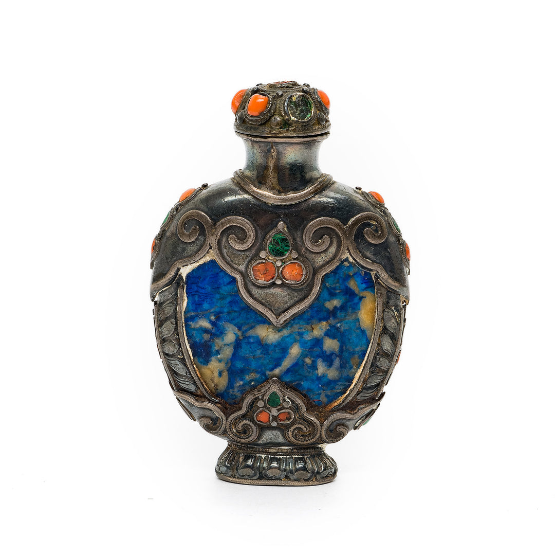 Ornate silvered bronze snuff bottle with gemstone details