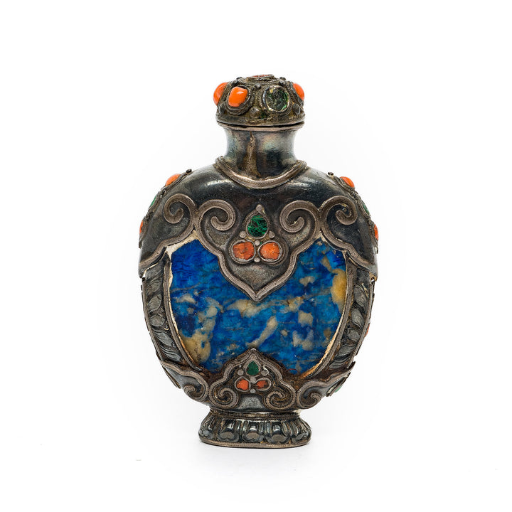 Ornate silvered bronze snuff bottle with gemstone details