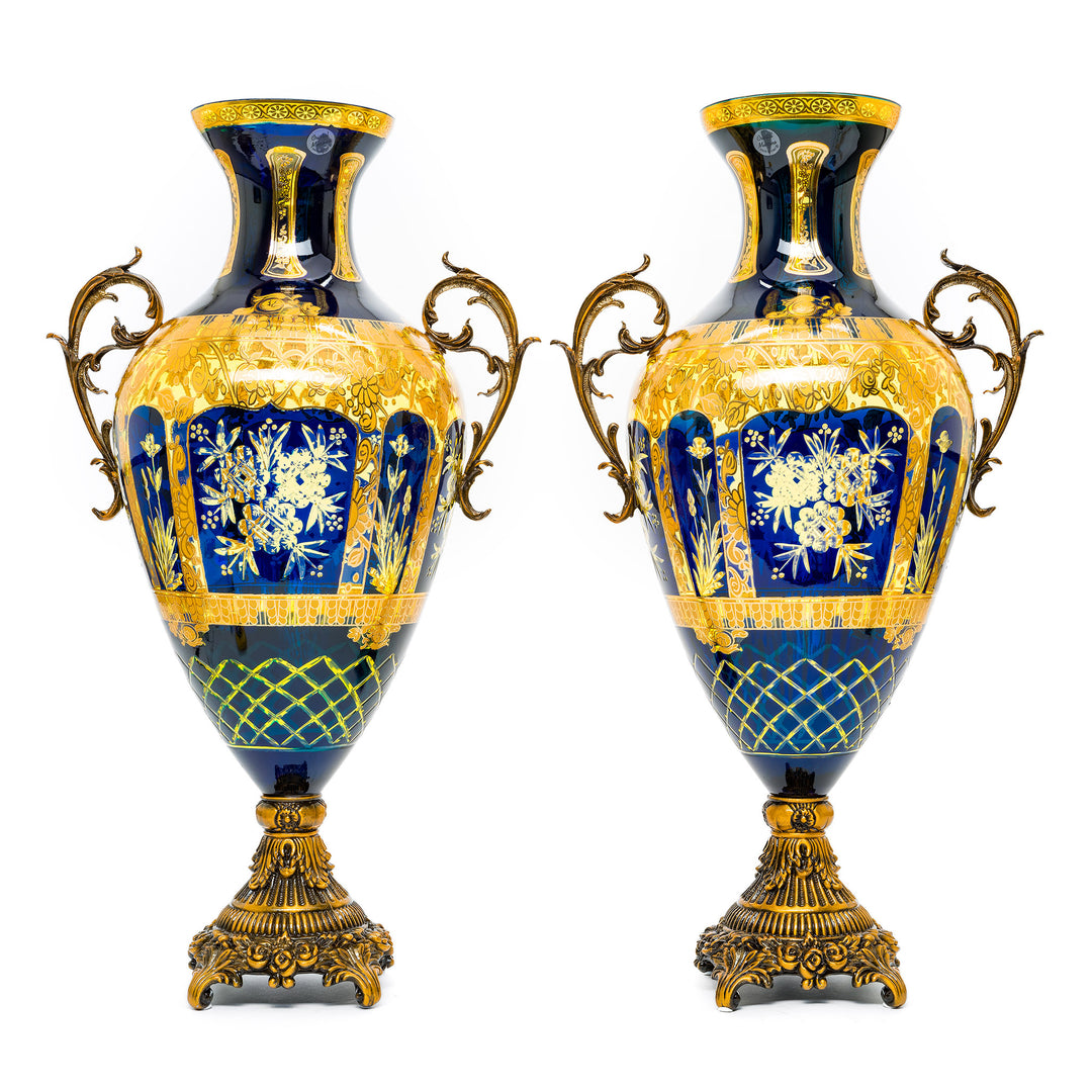 Ornate cobalt crystal vase pair with floral gold accents